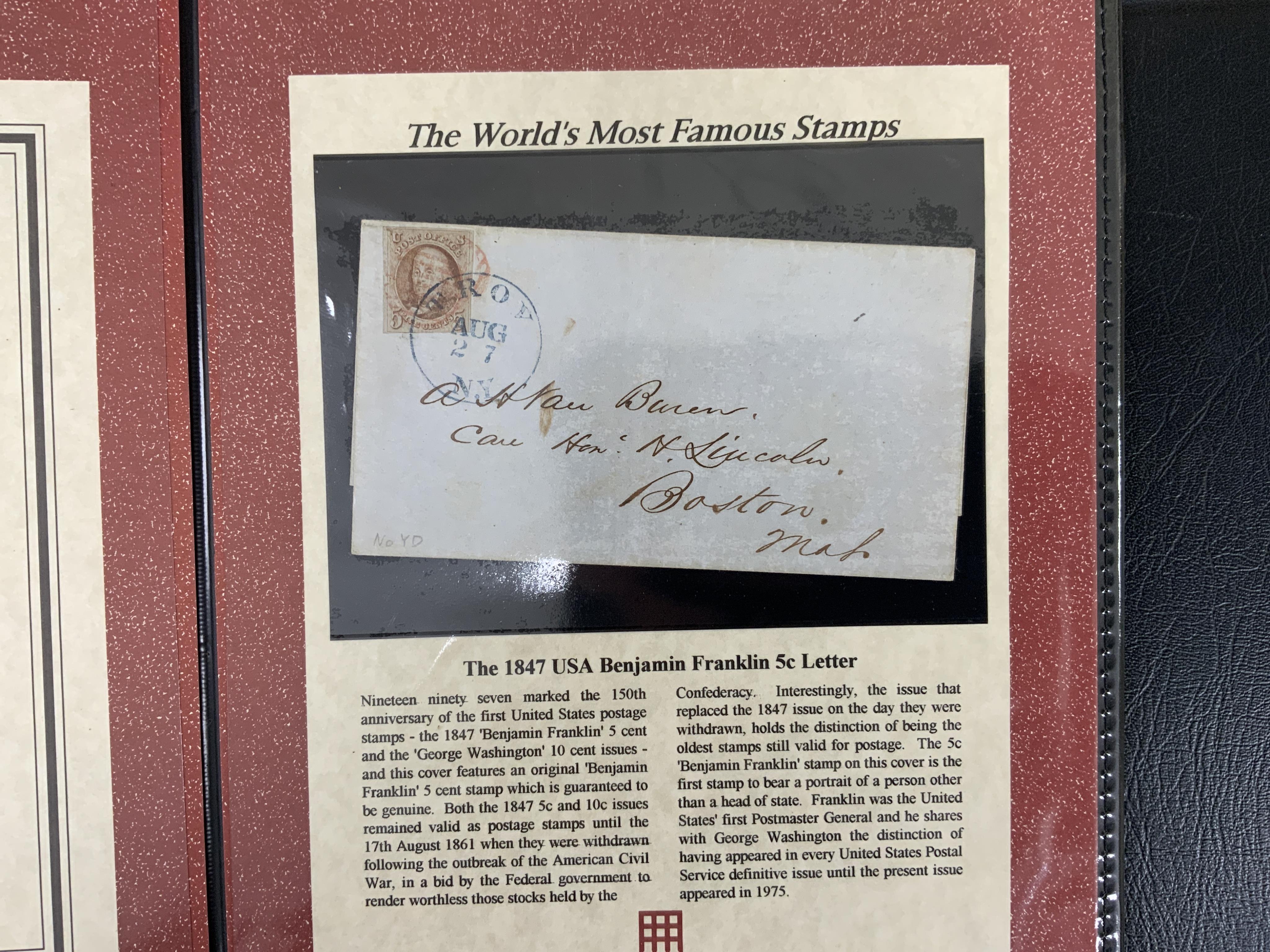 Five presentation folders of stamps issued by the Westminster collection as part of The World’s Most Famous Stamps and Philatelic Classics series including; a USA 1847 letter with 5c stamp, the 3d Beaver Canada stamp, tw